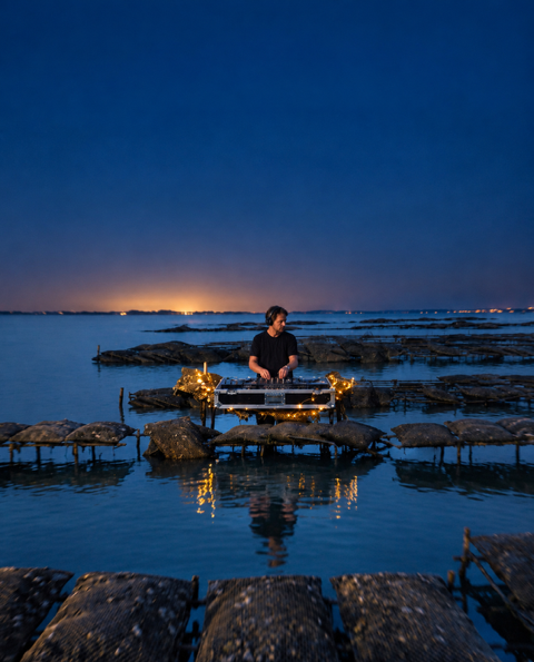 Anders Sicre, musicien, derrière ses platines au clair de lune sur l'estuaire