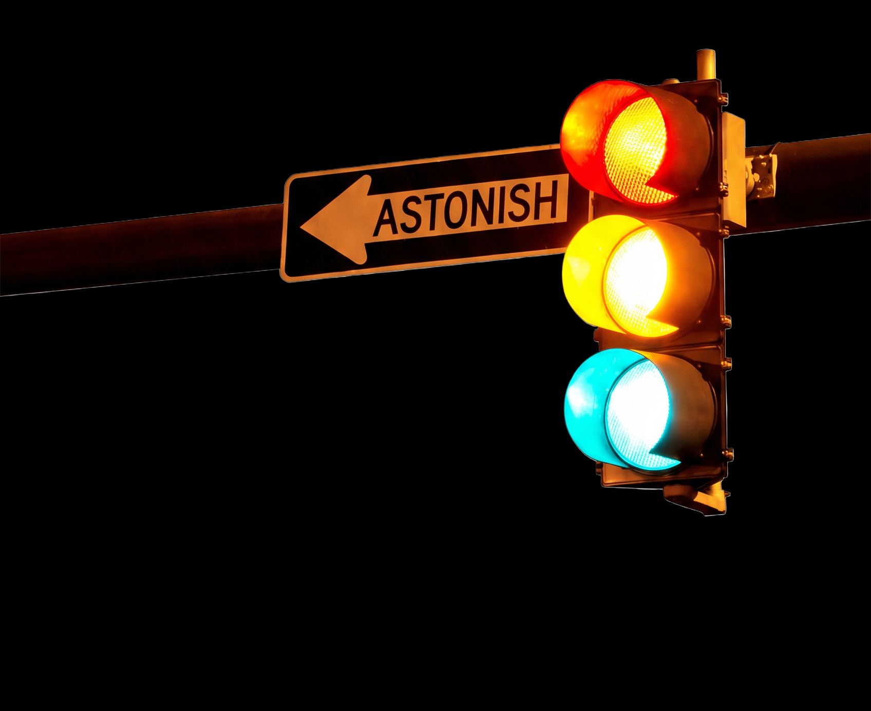 Panneau lumineux Astonish sous un feu tricolore, la nuit