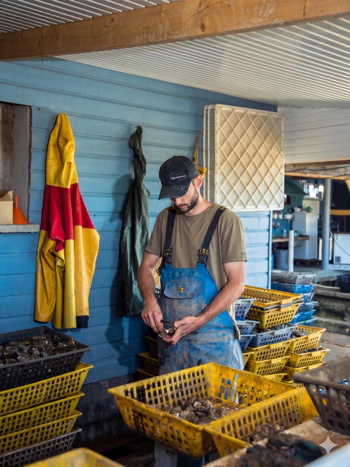La Cabane Buissonnière — Manuel ouvrant des huîtres au couteau, entouré de caisses jaunes dans sa cabane ostréicole