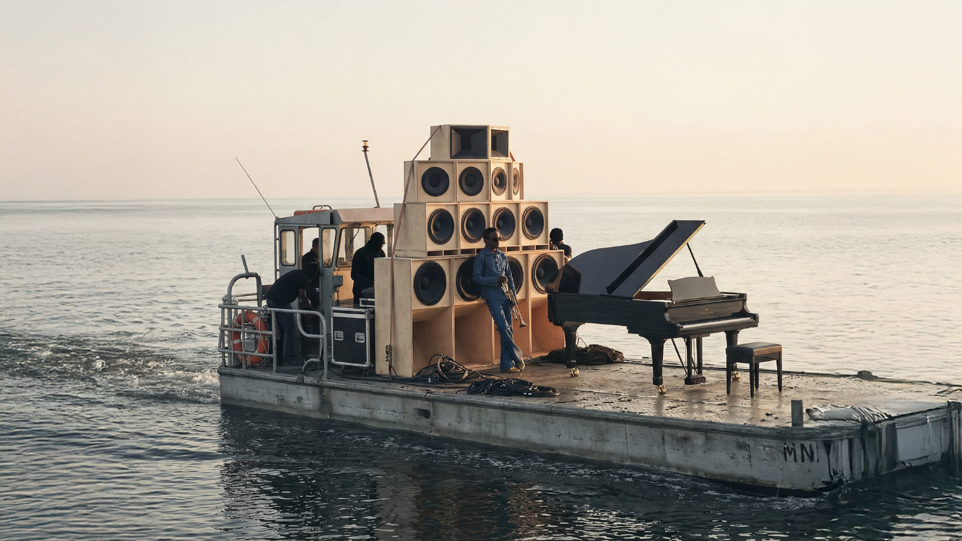 Plateforme flottante avec piano à queue et mur d'enceintes sur l'eau, équipe technique en action